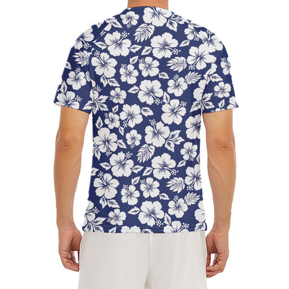 White Blue Hibiscus Floral Pattern Print Men's Short Sleeve Rash Guard
