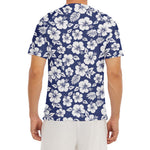 White Blue Hibiscus Floral Pattern Print Men's Short Sleeve Rash Guard