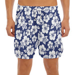 White Blue Hibiscus Floral Pattern Print Men's Split Running Shorts