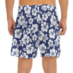 White Blue Hibiscus Floral Pattern Print Men's Split Running Shorts