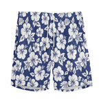 White Blue Hibiscus Floral Pattern Print Men's Sports Shorts