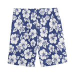 White Blue Hibiscus Floral Pattern Print Men's Sports Shorts