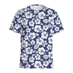White Blue Hibiscus Floral Pattern Print Men's Sports T-Shirt