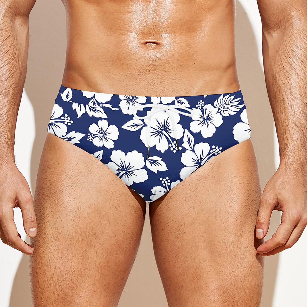 White Blue Hibiscus Floral Pattern Print Men's Swim Briefs