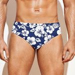 White Blue Hibiscus Floral Pattern Print Men's Swim Briefs