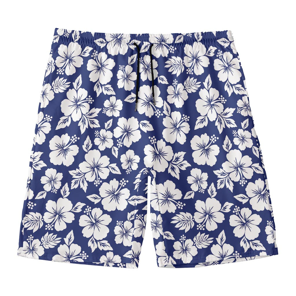 White Blue Hibiscus Floral Pattern Print Men's Swim Trunks