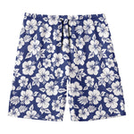 White Blue Hibiscus Floral Pattern Print Men's Swim Trunks