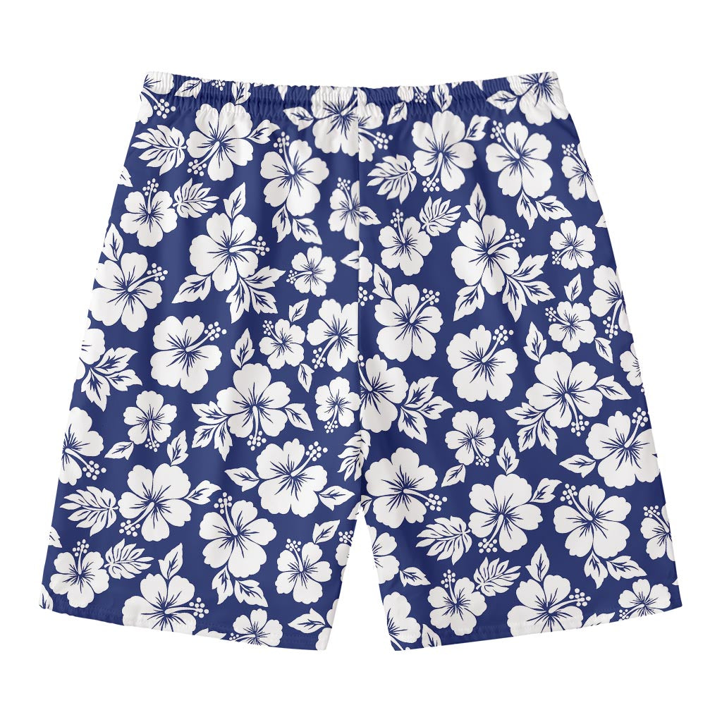 White Blue Hibiscus Floral Pattern Print Men's Swim Trunks