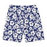 White Blue Hibiscus Floral Pattern Print Men's Swim Trunks