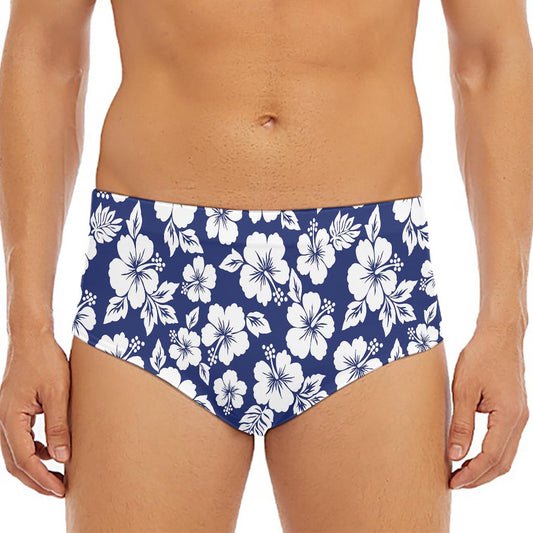 White Blue Hibiscus Floral Pattern Print Men's Triangle Swim Briefs