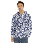 White Blue Hibiscus Floral Pattern Print Men's Velvet Pullover Hoodie