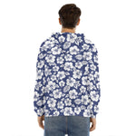 White Blue Hibiscus Floral Pattern Print Men's Velvet Pullover Hoodie