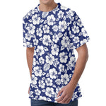 White Blue Hibiscus Floral Pattern Print Men's Velvet T-Shirt
