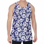 White Blue Hibiscus Floral Pattern Print Men's Velvet Tank Top