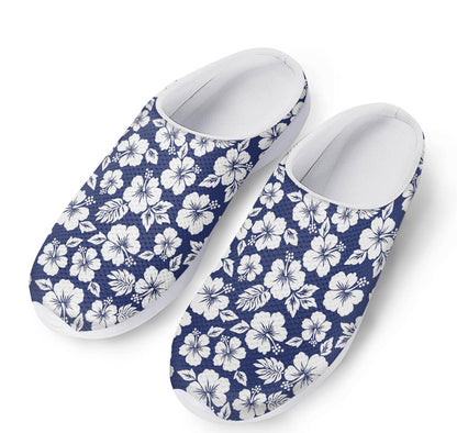White Blue Hibiscus Floral Pattern Print Mesh Casual Shoes