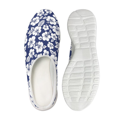 White Blue Hibiscus Floral Pattern Print Mesh Casual Shoes