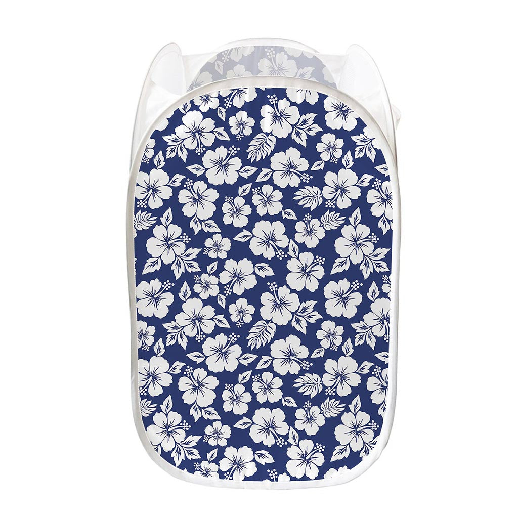 White Blue Hibiscus Floral Pattern Print Mesh Laundry Hamper