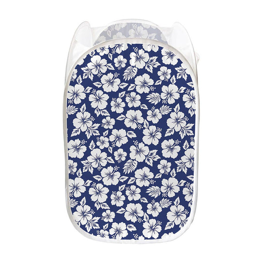 White Blue Hibiscus Floral Pattern Print Mesh Laundry Hamper