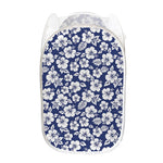 White Blue Hibiscus Floral Pattern Print Mesh Laundry Hamper