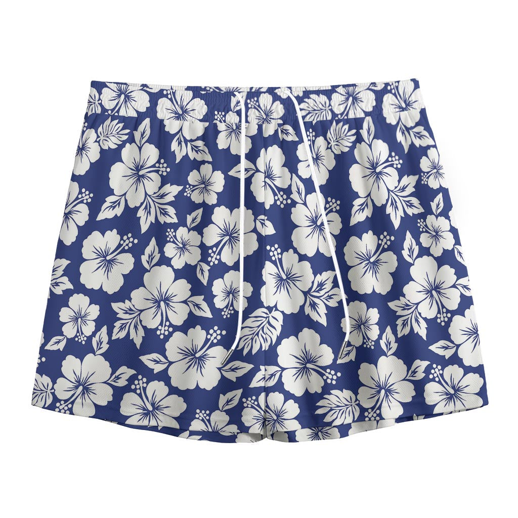 White Blue Hibiscus Floral Pattern Print Mesh Shorts