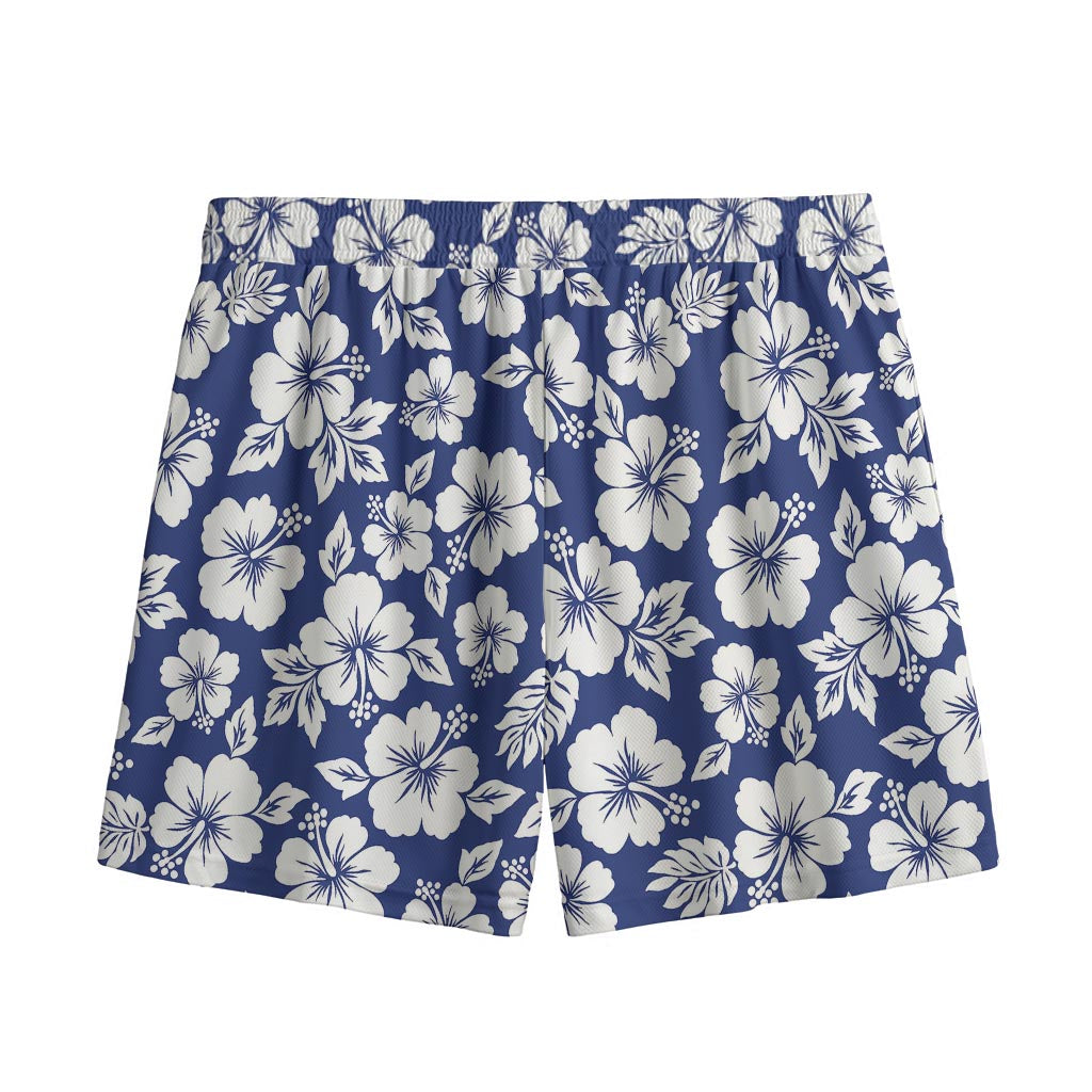 White Blue Hibiscus Floral Pattern Print Mesh Shorts
