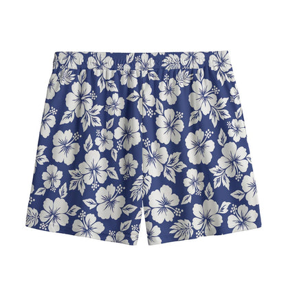 White Blue Hibiscus Floral Pattern Print Mesh Shorts