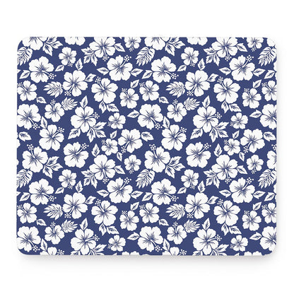 White Blue Hibiscus Floral Pattern Print Mouse Pad