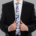 White Blue Hibiscus Floral Pattern Print Necktie