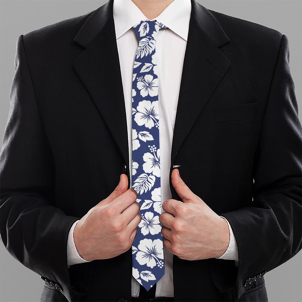 White Blue Hibiscus Floral Pattern Print Necktie