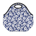 White Blue Hibiscus Floral Pattern Print Neoprene Lunch Bag