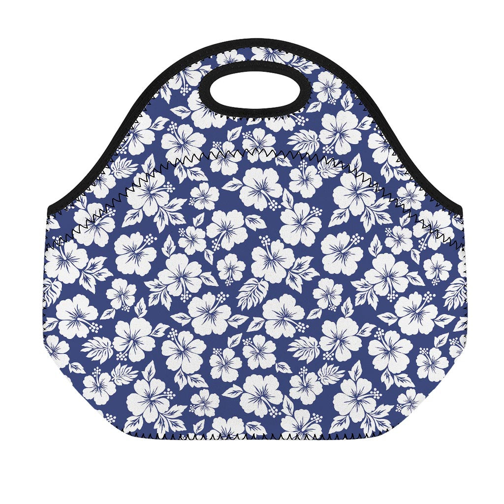 White Blue Hibiscus Floral Pattern Print Neoprene Lunch Bag