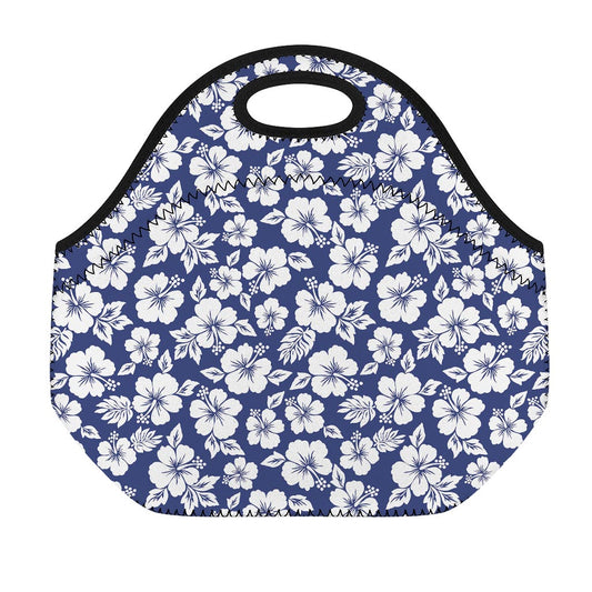 White Blue Hibiscus Floral Pattern Print Neoprene Lunch Bag