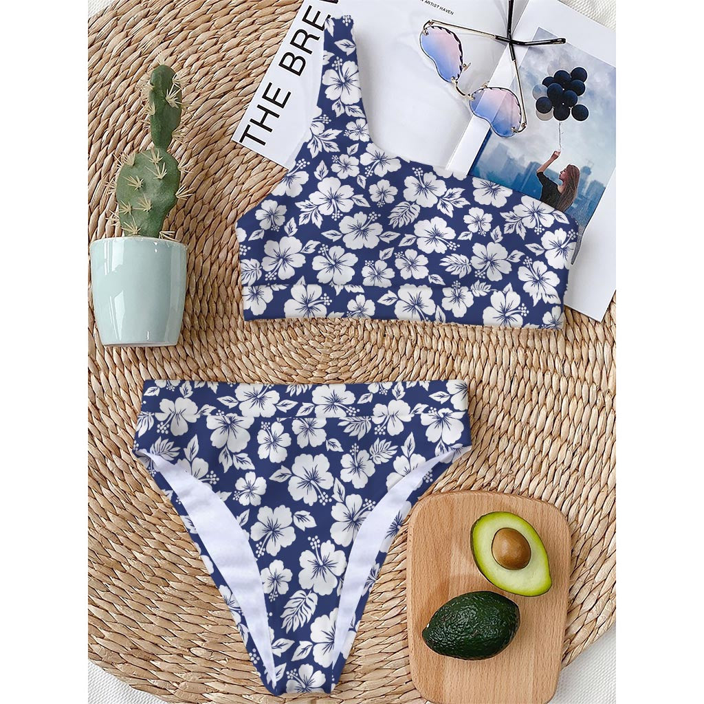 White Blue Hibiscus Floral Pattern Print One Shoulder Bikini Top