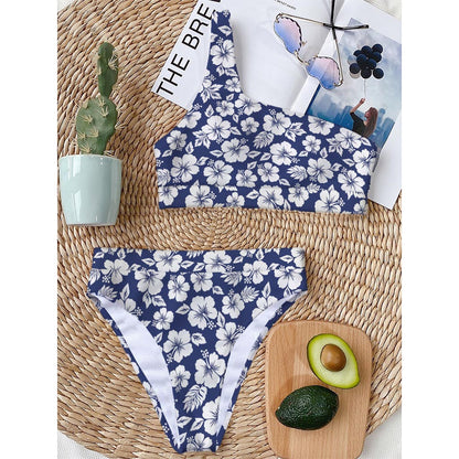 White Blue Hibiscus Floral Pattern Print One Shoulder Bikini Top