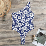 White Blue Hibiscus Floral Pattern Print One Shoulder Bodysuit