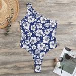 White Blue Hibiscus Floral Pattern Print One Shoulder Bodysuit