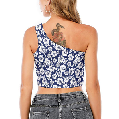 White Blue Hibiscus Floral Pattern Print One Shoulder Crop Top