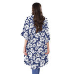 White Blue Hibiscus Floral Pattern Print Open Front Beach Cover Up