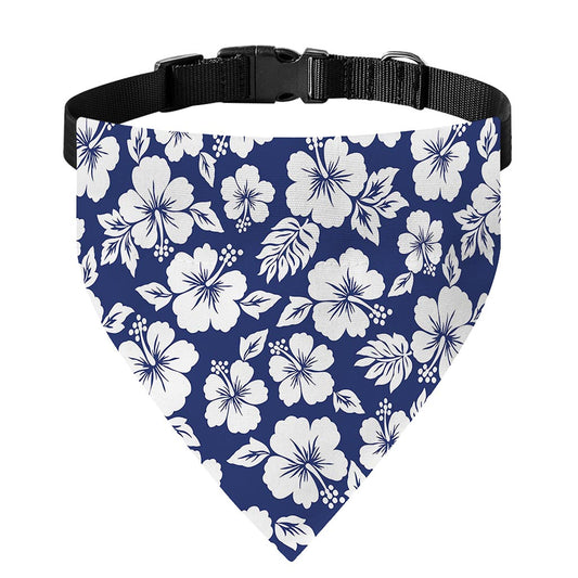 White Blue Hibiscus Floral Pattern Print Over The Collar Dog Bandana