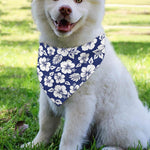 White Blue Hibiscus Floral Pattern Print Over The Collar Dog Bandana