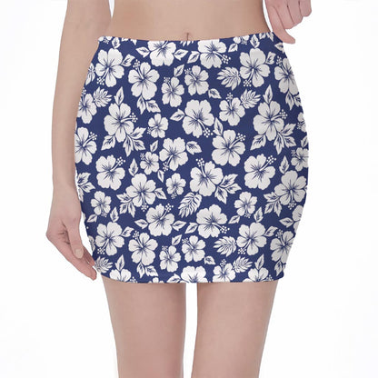 White Blue Hibiscus Floral Pattern Print Pencil Mini Skirt