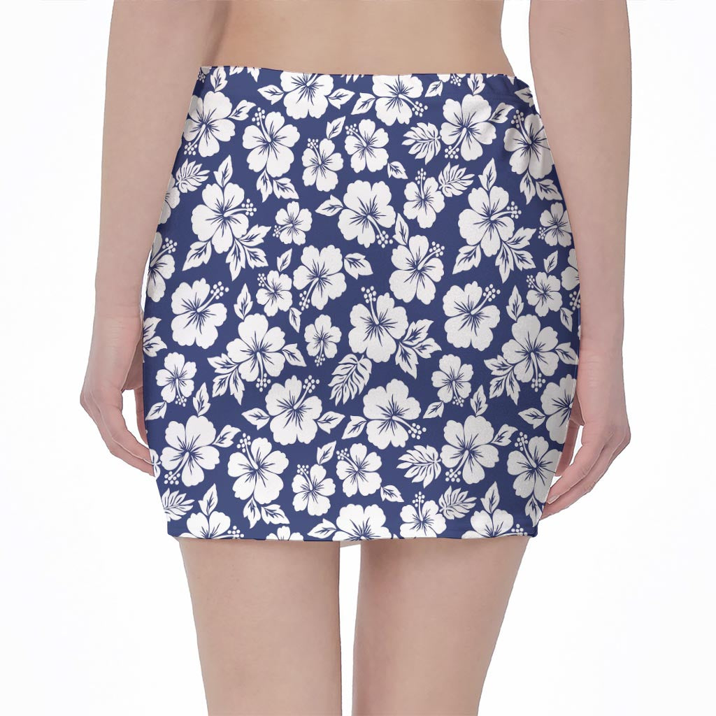 White Blue Hibiscus Floral Pattern Print Pencil Mini Skirt