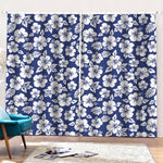 White Blue Hibiscus Floral Pattern Print Pencil Pleat Curtains