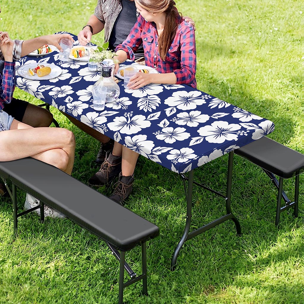 White Blue Hibiscus Floral Pattern Print Picnic Table Cover