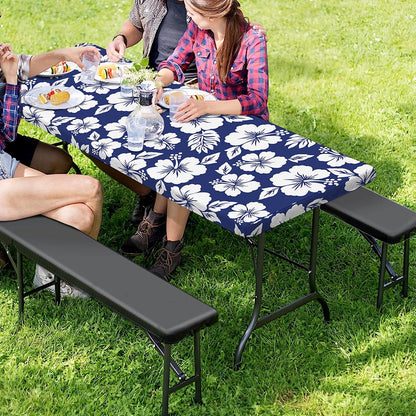 White Blue Hibiscus Floral Pattern Print Picnic Table Cover