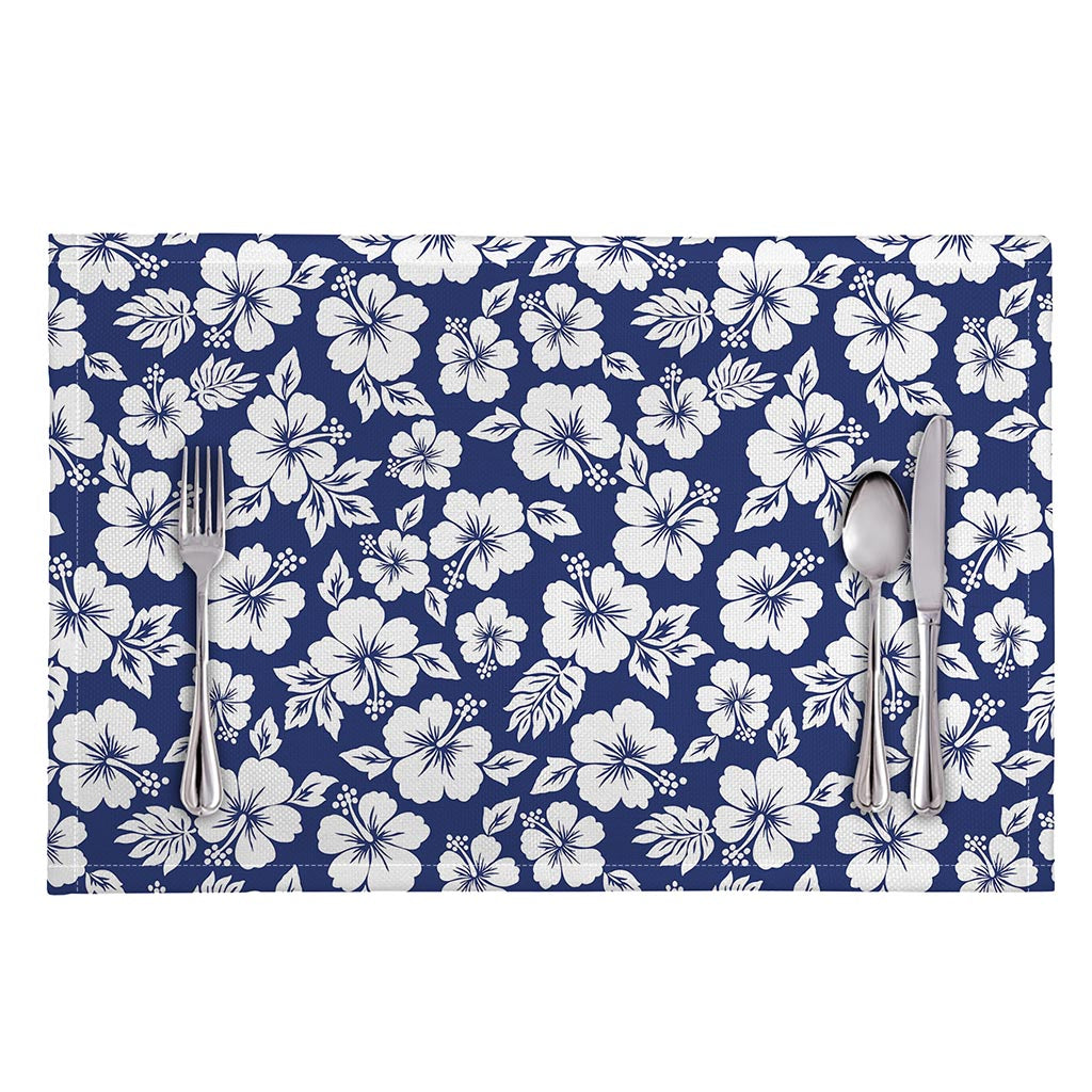 White Blue Hibiscus Floral Pattern Print Placemat