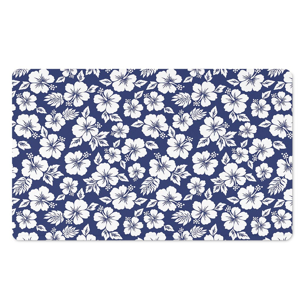 White Blue Hibiscus Floral Pattern Print Polyester Doormat