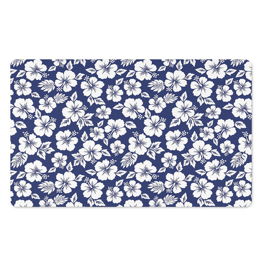 White Blue Hibiscus Floral Pattern Print Polyester Doormat