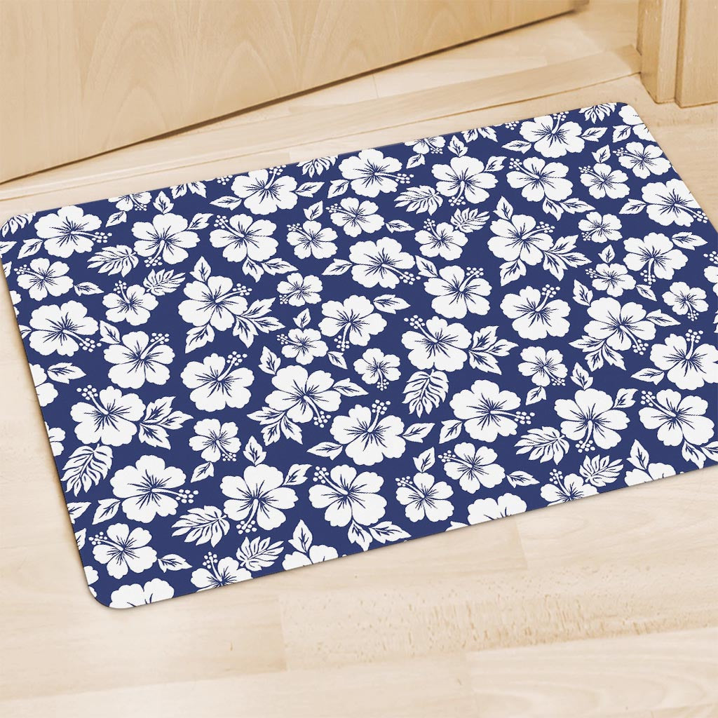 White Blue Hibiscus Floral Pattern Print Polyester Doormat