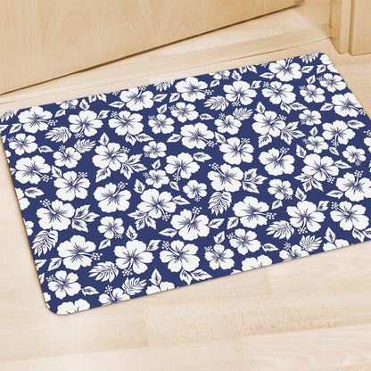 White Blue Hibiscus Floral Pattern Print Polyester Doormat